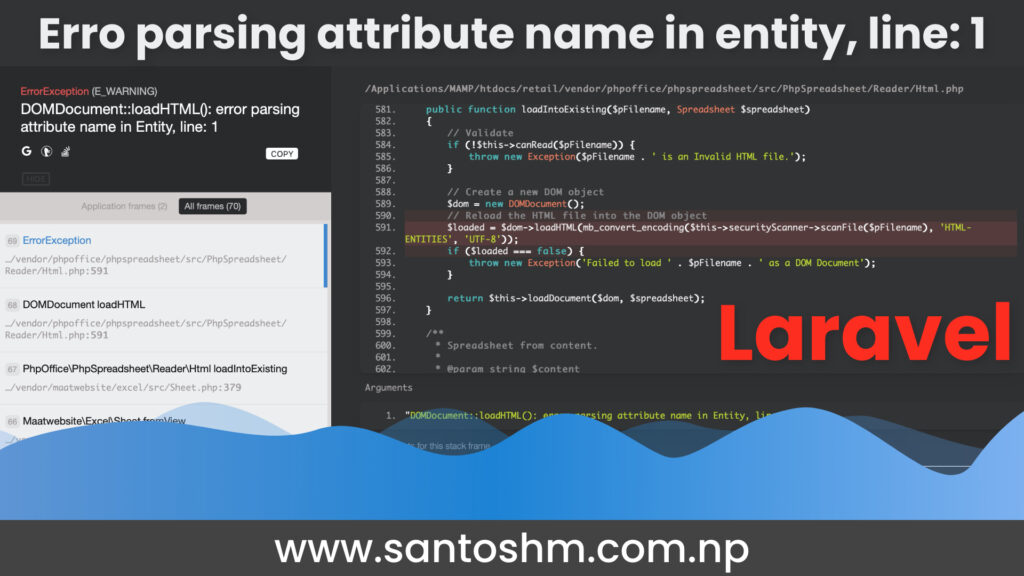 DOMDocument::loadHTML(): error parsing attribute name in Entity, line: 1